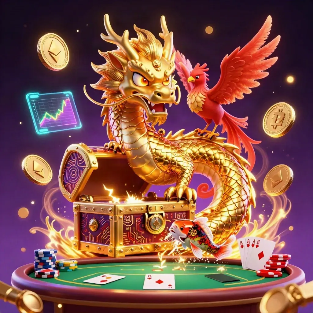 Golden dragon with phoenix, koi, poker chips, and glowing crypto coins on a purple starfield.