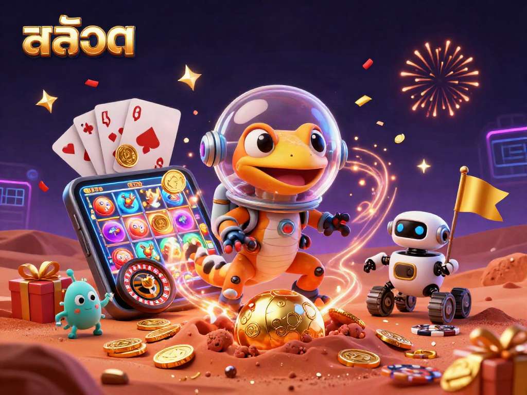 Spin vibrant สล็อต reels with a gecko and robot in a cosmic casino adventure.