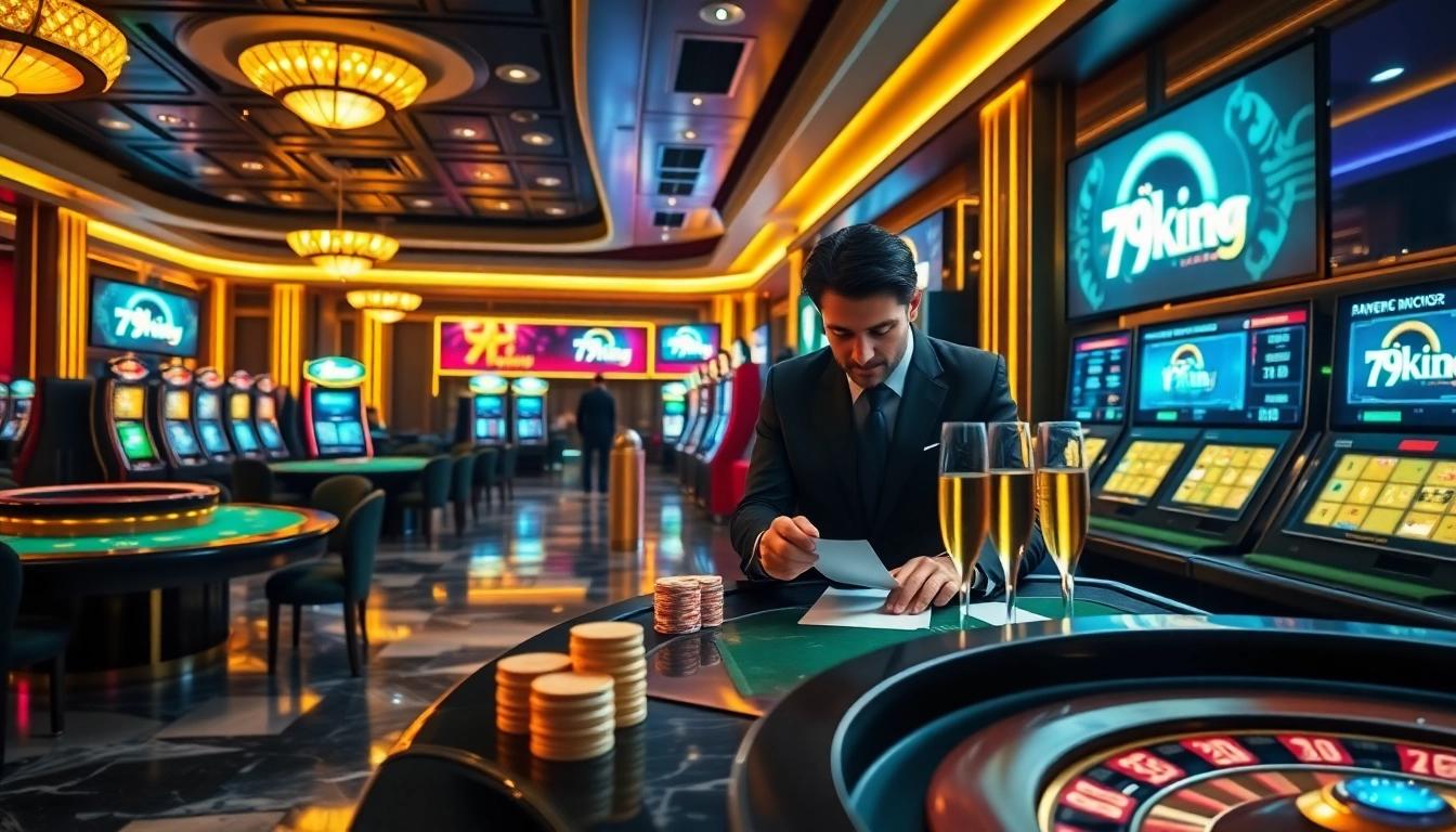 79king luxury casino scene with roulette, poker, and slot machines