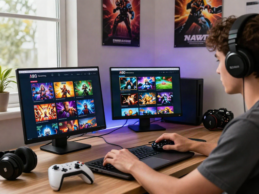 A80 gaming platform interface with user navigating through vibrant game thumbnails and engaging features.