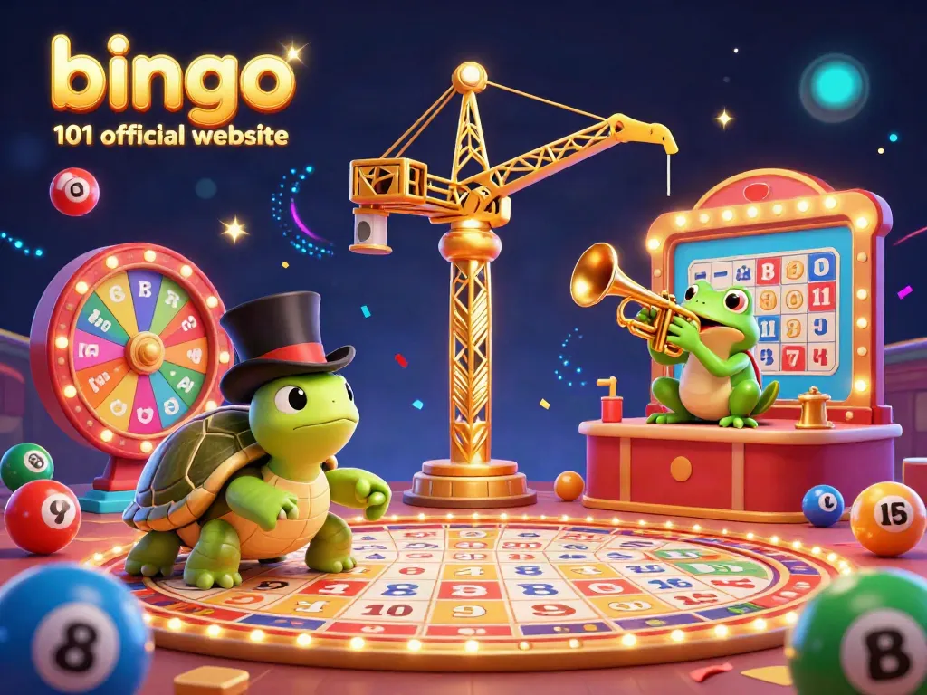 Join the fun at bingo 101 official website with a lively bingo hall illustration featuring colorful elements.