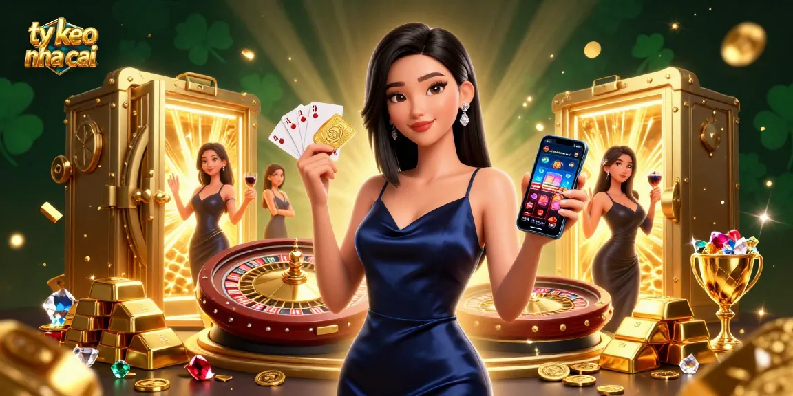 Bet on ty le keo nha cai with a stunning Asian woman showcasing a smartphone in a vibrant casino setting.