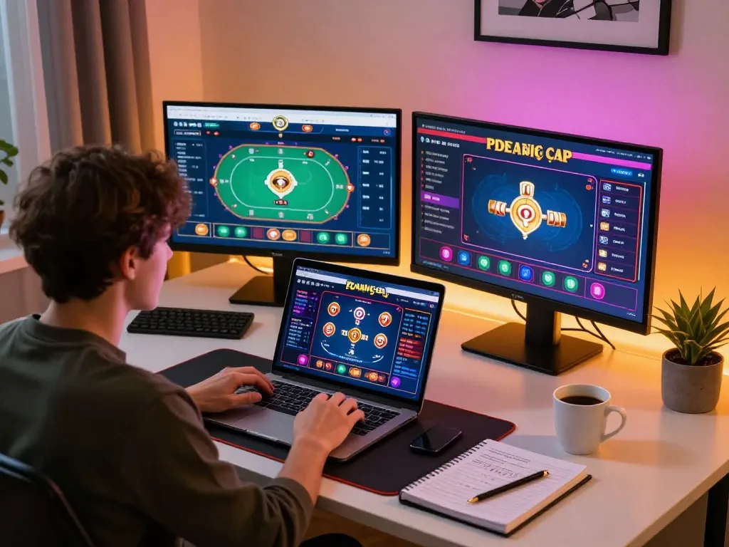 Keluaran togel hongkong singapore ditampilkan di layar laptop selama sesi poker online yang mendebarkan di kantor rumah modern.