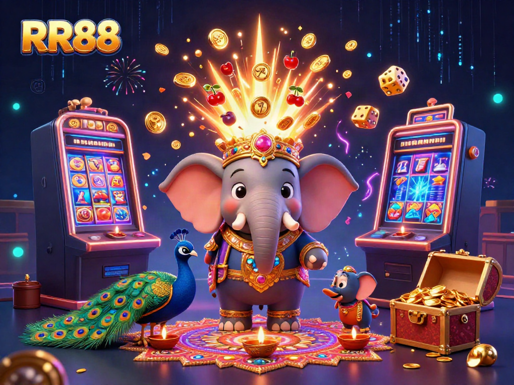 Engage with RR88's vibrant casino experience featuring a colorful Diwali-themed elephant amidst jackpot celebrations.