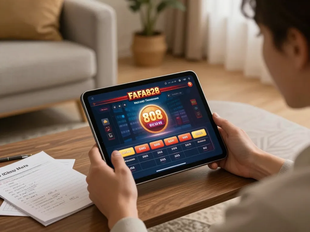 Player enjoying FAFA828 online games on a tablet with cozy home decor.