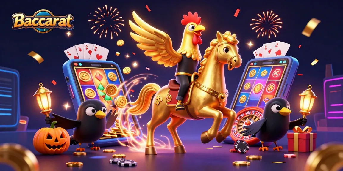 Baccarat game features a golden rooster riding a spectral horse in a lively casino setting.
