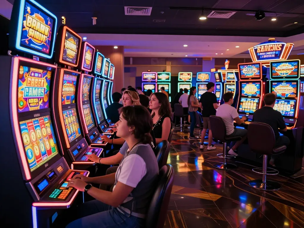 Players enjoying vibrant slot machines at LuckyIndex casino, capturing the excitement of gaming