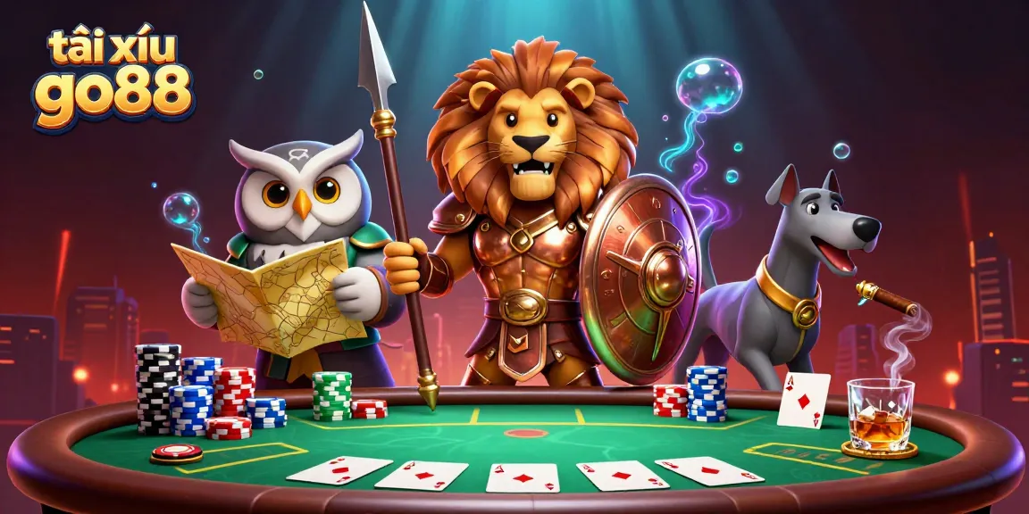 Engage in tài xỉu go88 with thrilling gameplay, surrounded by vibrant poker elements and heroic characters.