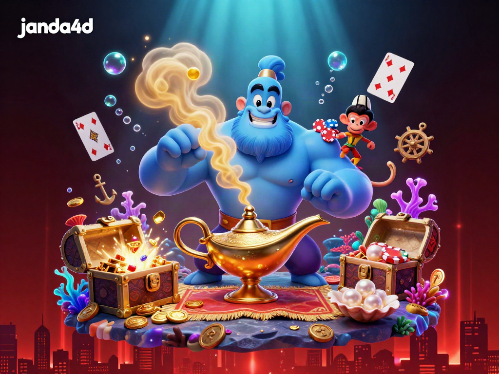 janda4d menghadirkan genie biru dan karpet ajaib dalam ilustrasi terinspirasi kasino.