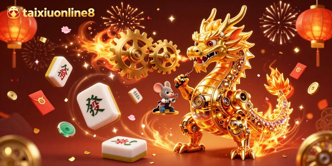 Experience thrilling gameplay at taixiuonline8 with a vibrant 3D illustration of a golden dragon and casino elements.