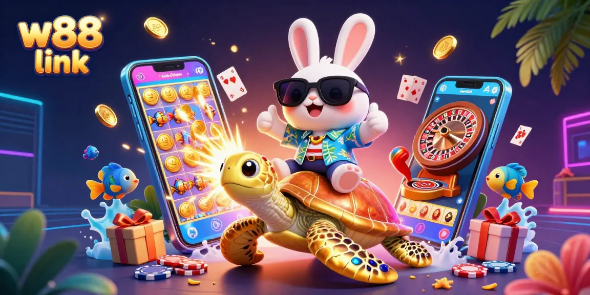 Engage in thrilling gameplay with the vibrant w88 link showcasing a lucky rabbit on a sea turtle amid casino riches.