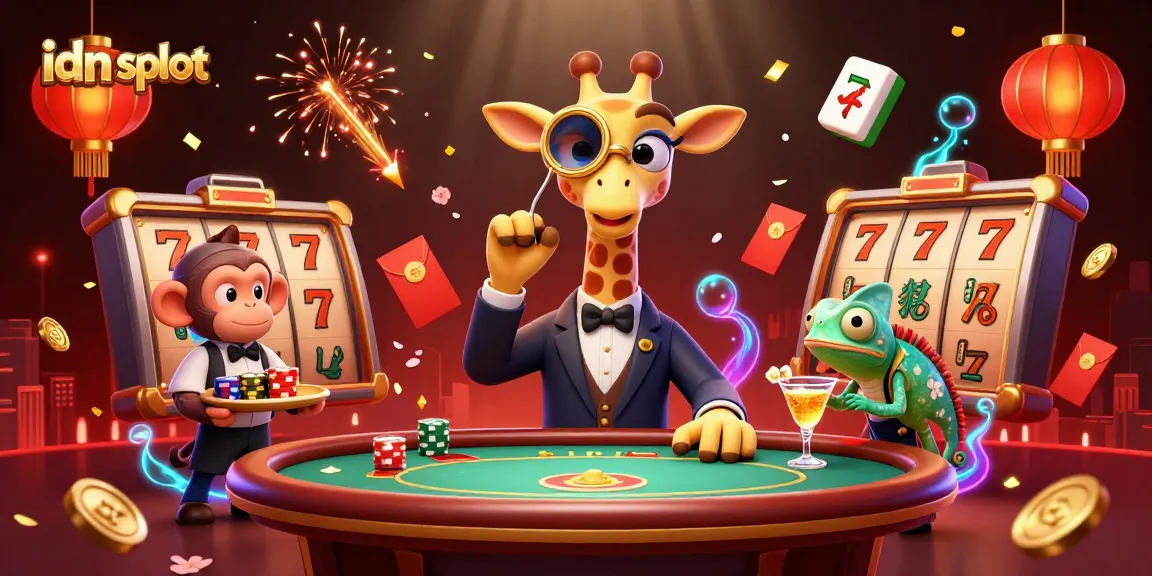 Experience thrilling idn slot gameplay with an extravagant illustration featuring a giraffe, monkey, and chameleon in a vibrant casino.