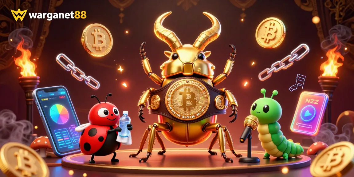 Boost your luck at warganet88 with a vibrant illustration of a 3D golden stag beetle boxing amidst crypto coins.