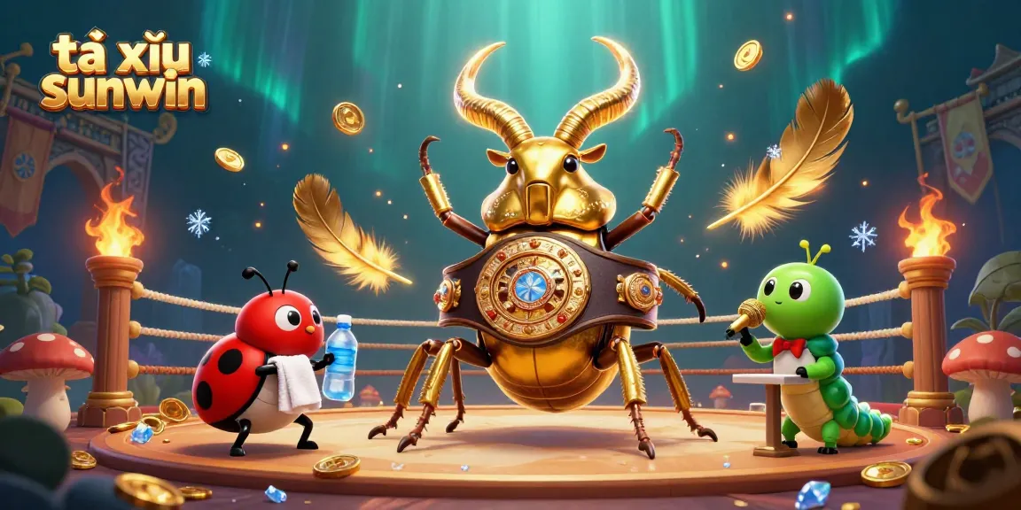 Engage with tài xỉu sunwin game dynamics in a vibrant 3D illustration featuring a golden stag beetle and more.