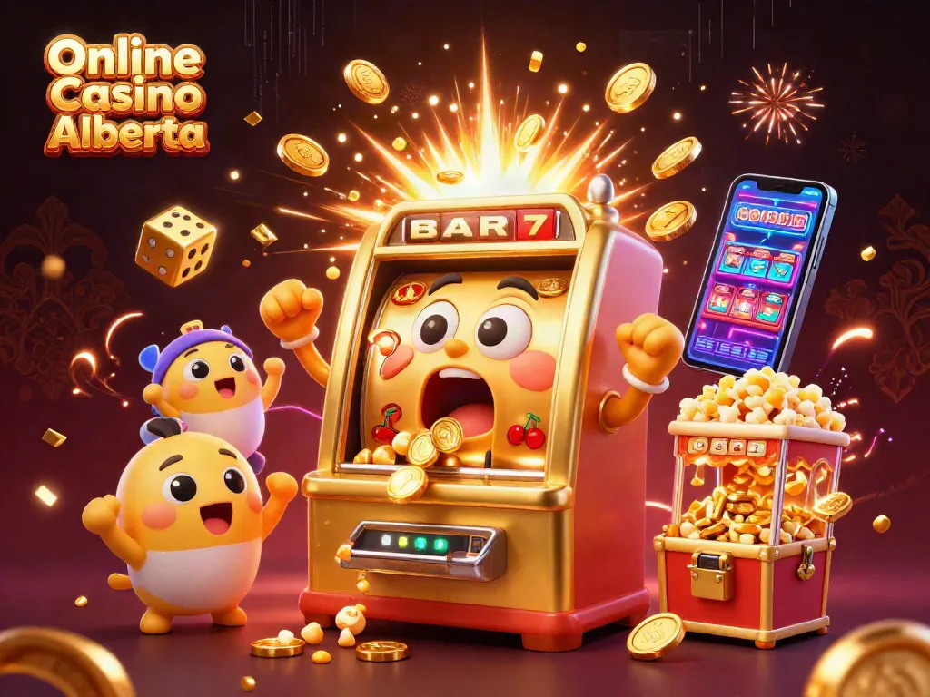 Online Casino Alberta showcases a vibrant 3D scene with a joyful golden slot machine celebrating a jackpot victory.