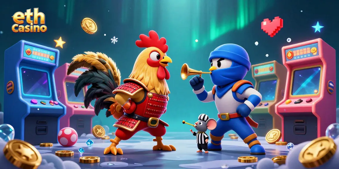 Engage with the eth casino featuring a duel of vibrant cartoon roosters in an action-packed scene.