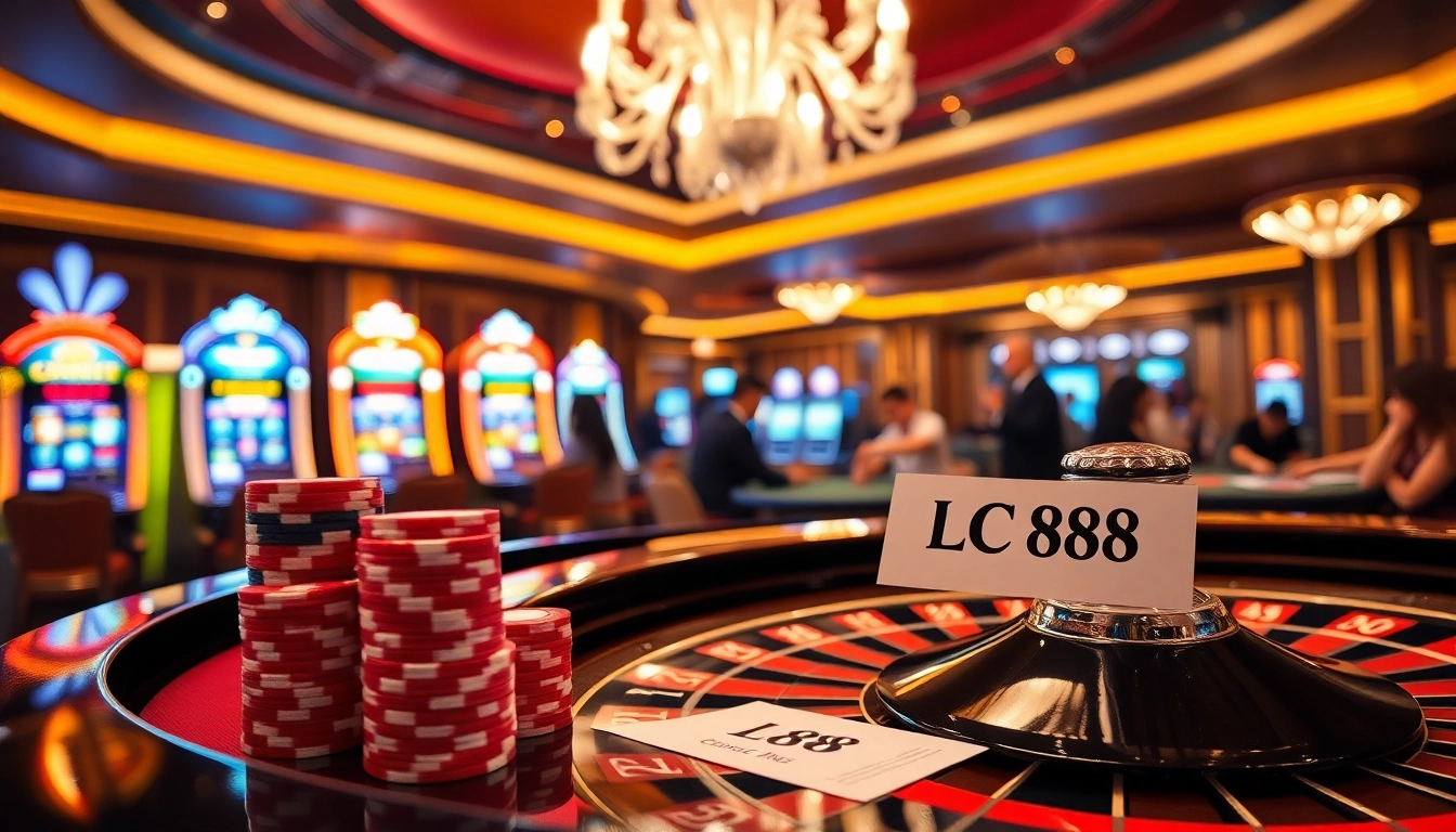 Experience high-stakes excitement at LC 88 with vibrant casino tables, cards, and chips.