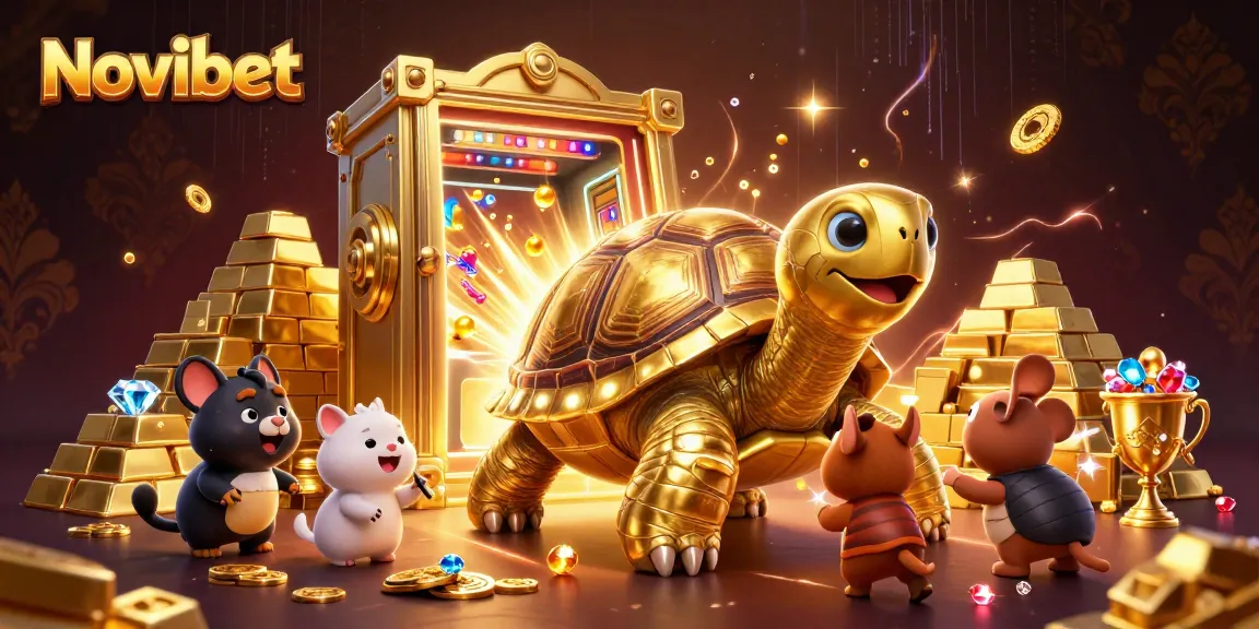 Experience the thrill of Novibet with a golden tortoise pinball machine and treasure elements.
