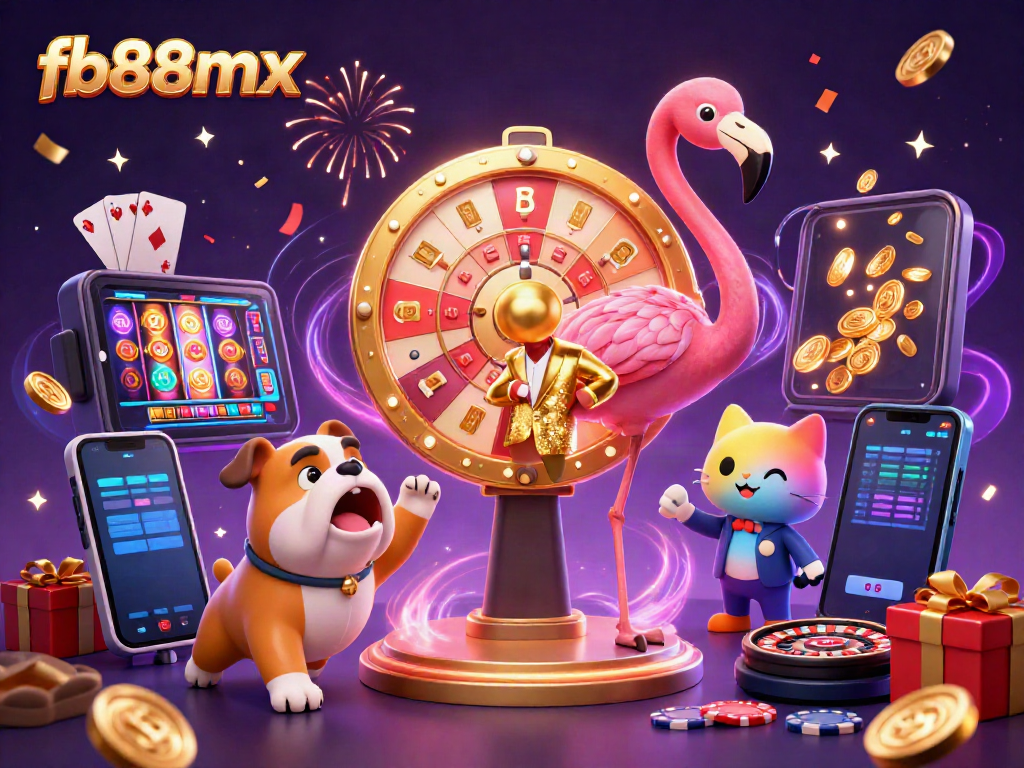 Join the thrilling gaming adventure at fb88mx with a colorful casino scene featuring a flamingo game show host, excited bulldog, and prize reveals.