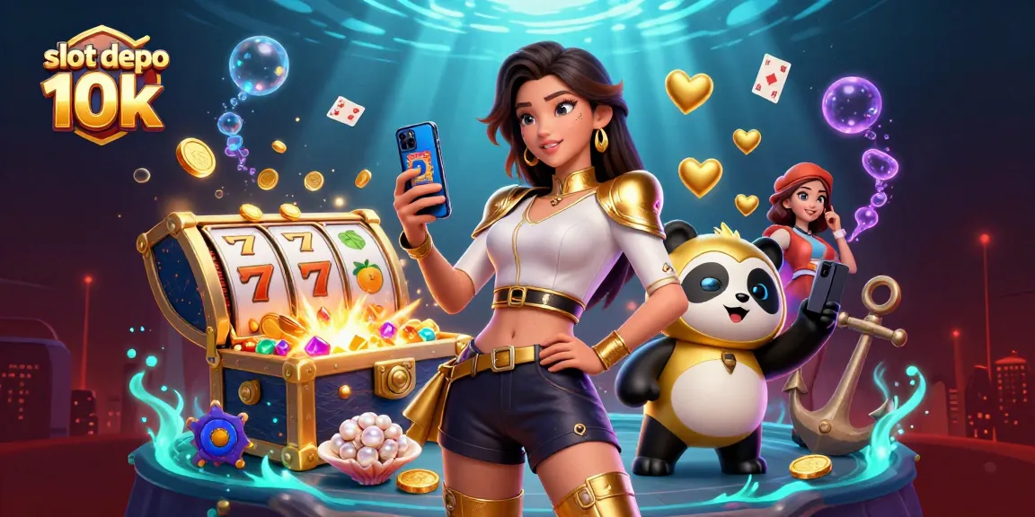 Engage with slot depo 10k gaming excitement while an elegant woman holds a casino game on her smartphone with a cheerful panda.
