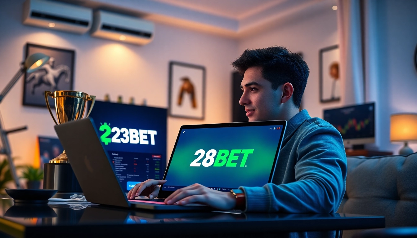 Engaging scene with 28BET logo on a laptop in a stylish home office setting.