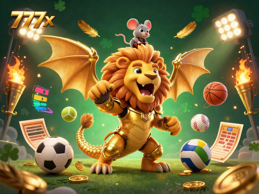 Engage in thrilling gameplay with 777x; a dynamic casino atmosphere filled with sports and celebration.
