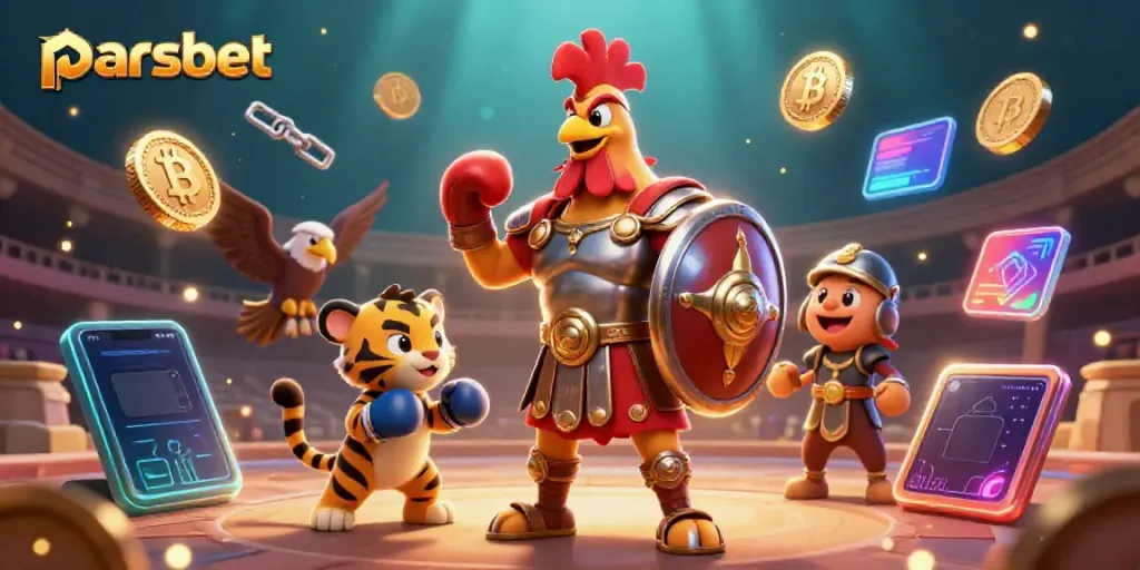 Parsbet ile gladiatör horozun kımıldadığı, crypto ögelerle dolu, yoğun ve görsel açıdan etkileyici bir sahne.
