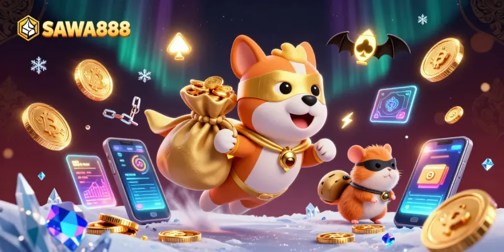 SAWA888 unleashes excitement with a superhero dog flying, rich in details and gaming elements.