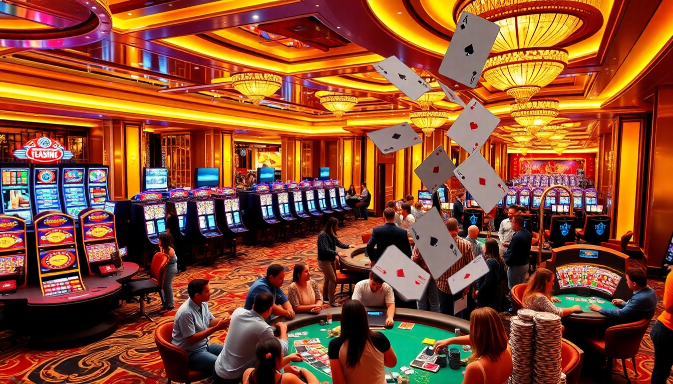 Pahala4d players engaging at a lively casino, showcasing poker chips and slot machines.