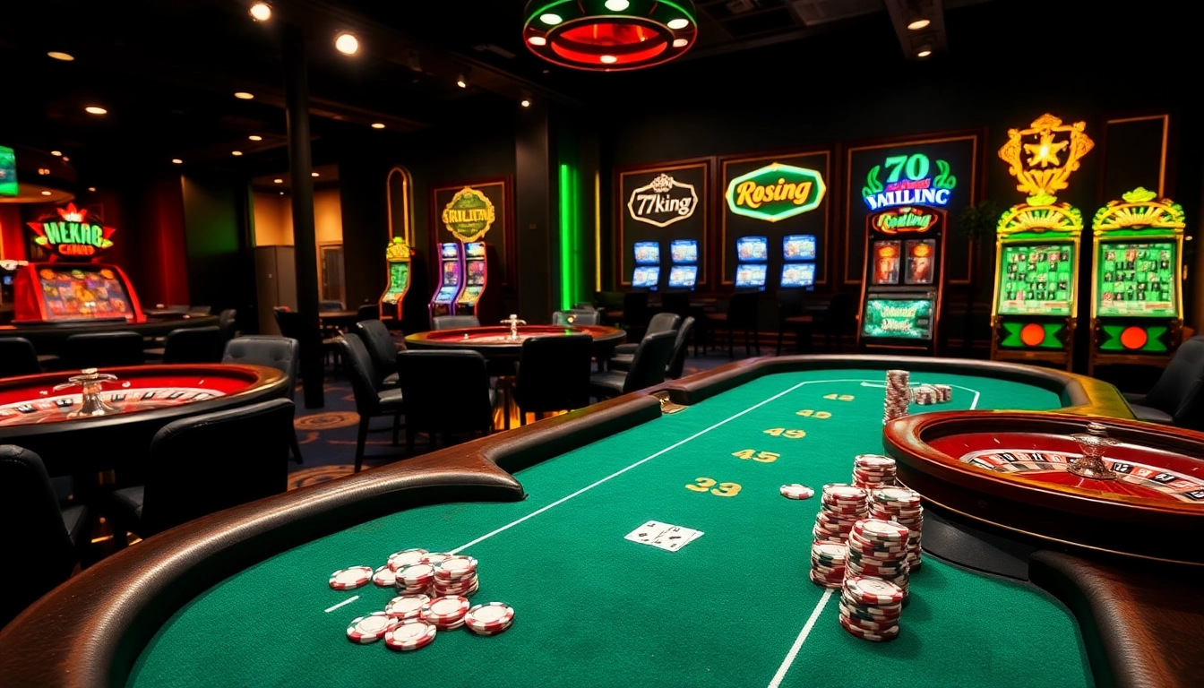79king action on vibrant poker table, players engaging in thrilling betting at roulette wheel, dice rolling for high stakes.