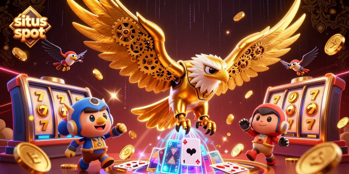 Bermain situs slot dengan antusiasme, elang sibernetik terbang di antara kartu holografik dan elemen kasino lainnya.