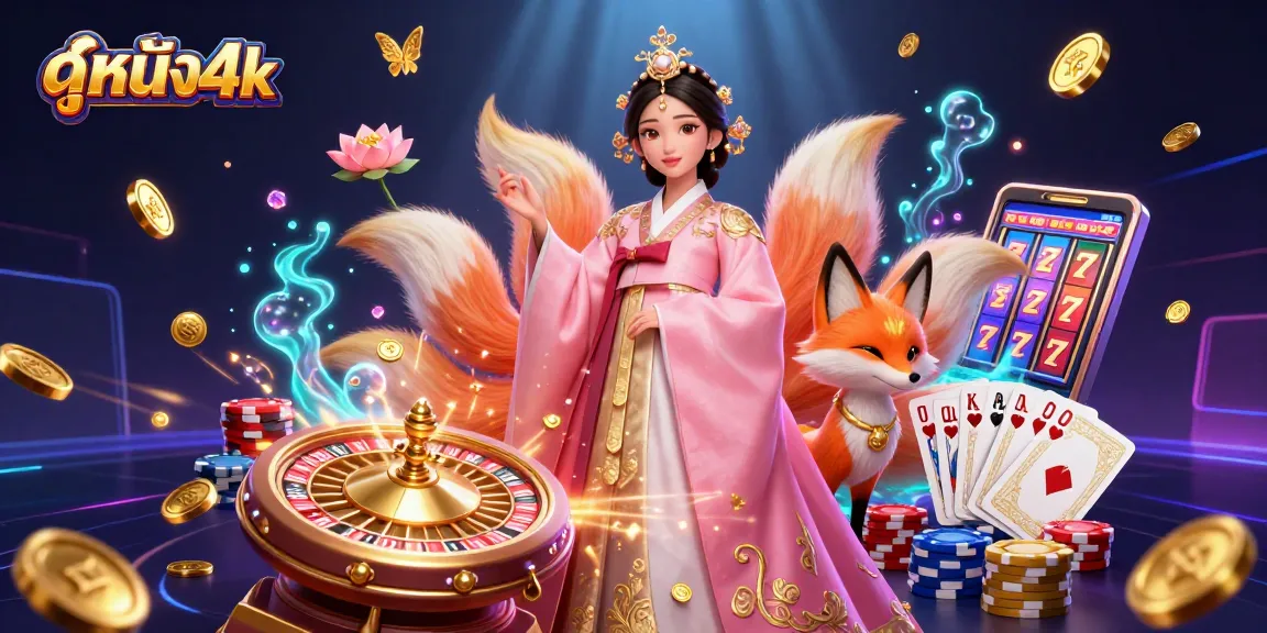 Engage with ดูหนัง4k in a vibrant casino scene with Asian woman and lucky fox surrounded by thematic gaming elements.