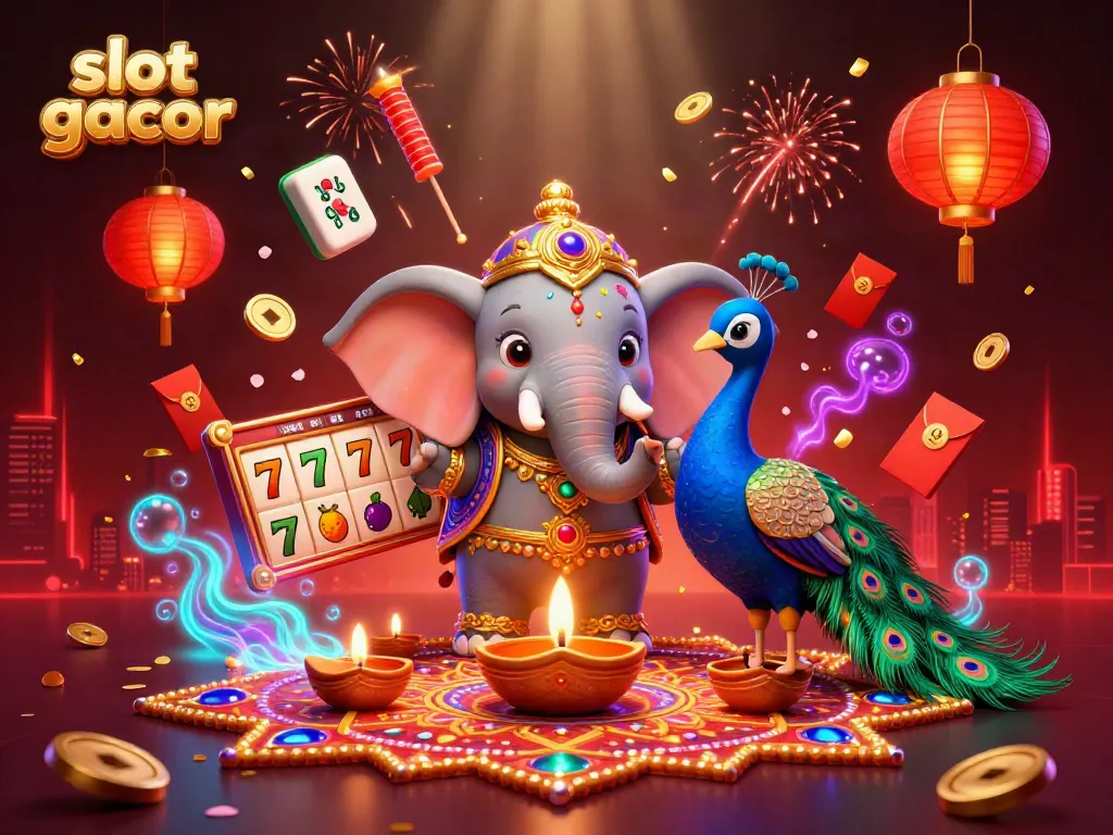 Experience the thrill with slot gacor, featuring a colorful elephant and vibrant game elements in a dynamic casino scene.