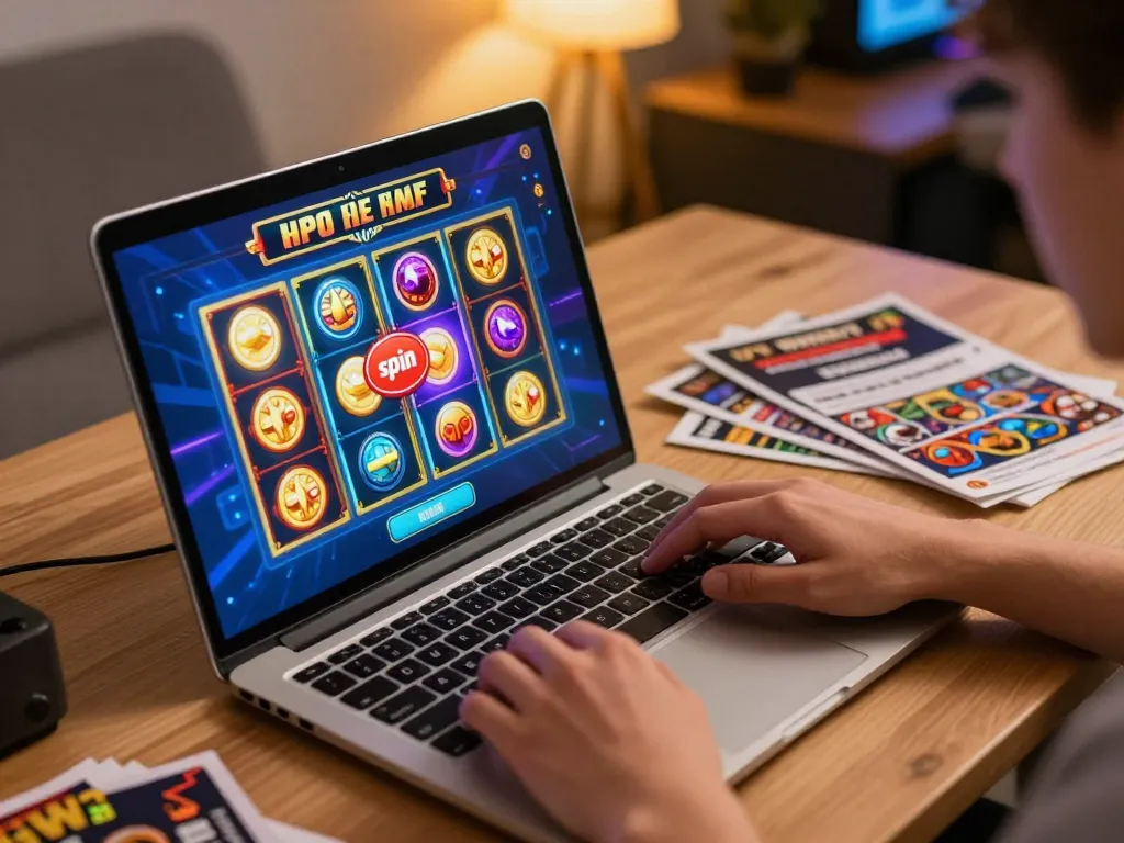 Engaging with gacor slot games on a laptop in a cozy home setup, emphasizing strategic gameplay.