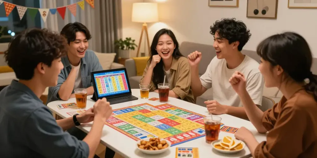 Suasana pertandingan togel di rumah dengan teman-teman, tiket togel berwarna-warni dan suasana ceria.