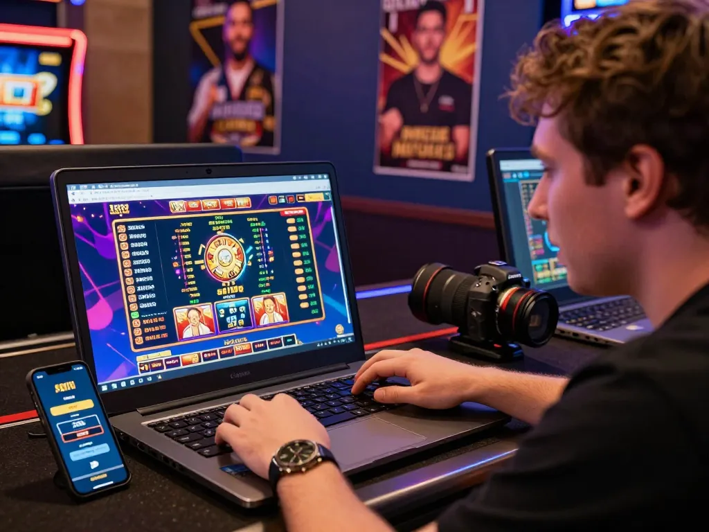 Pemain yang terlibat menjelajahi permainan slot link gacor di antarmuka situs web yang berwarna-warni dengan grafik dan statistik.