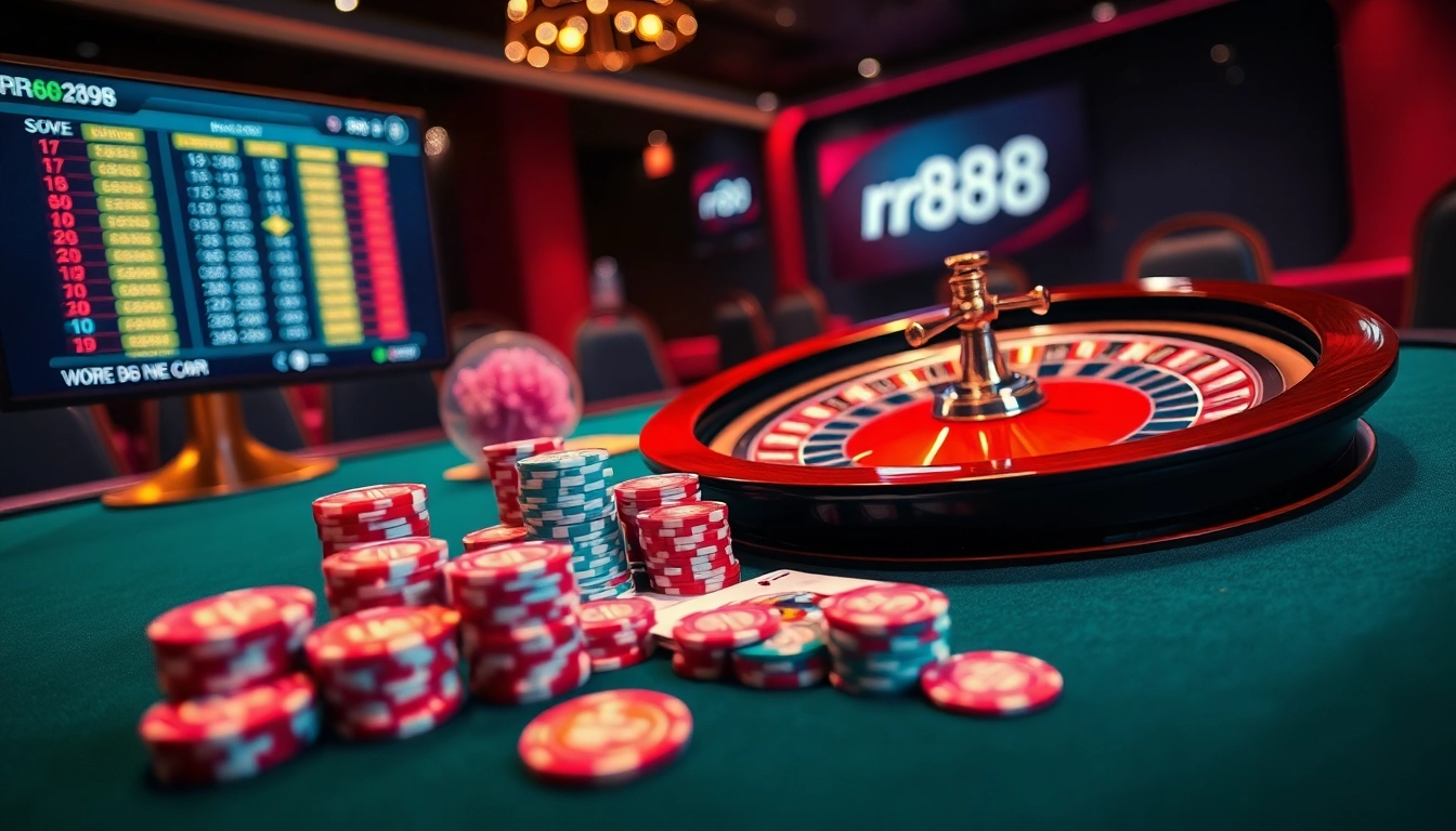 Players engaging in high-stakes betting at a luxurious rr88 casino table, highlighting premium poker chips and online gambling interface.