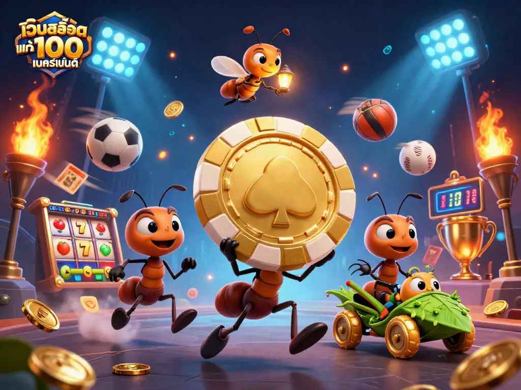 เกมเว็บสล็อต แท้ 100 เปอร์เซ็นต์ ในภาพประกอบที่เต็มไปด้วยรายละเอียดของทีมมดที่ขโมยชิปโป๊กเกอร์ทองคำ