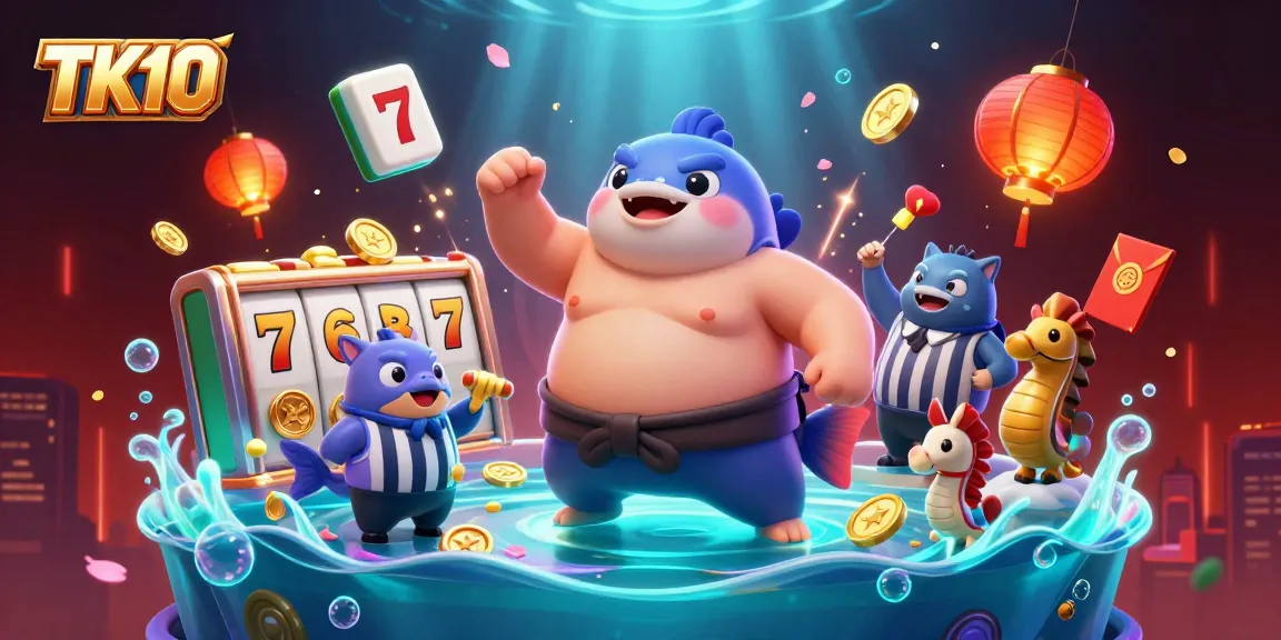 Experience the excitement of TK10 with vibrant underwater casino elements and dynamic characters in a 3D animated illustration.