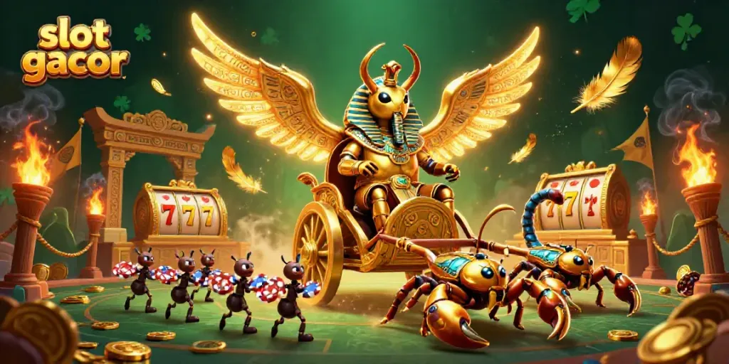 Engage in thrilling wins with slot gacor as a golden scarab beetle leads a vibrant casino scene.