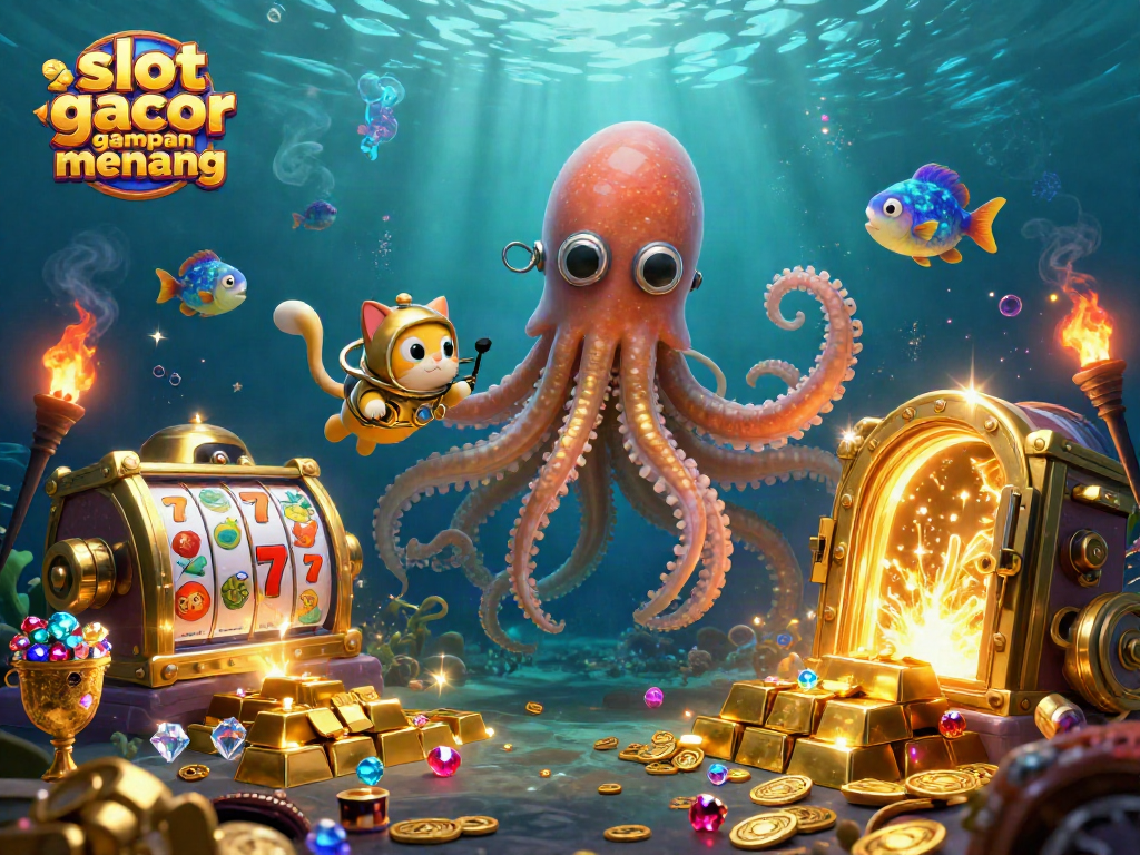 Spin to win with slot gacor gampang menang in a vibrant underwater casino scene featuring treasures and thrilling game elements.