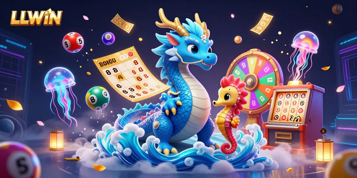 LLWIN showcases vibrant gaming action with a radiant water dragon and seahorse knight amidst colorful lottery elements.