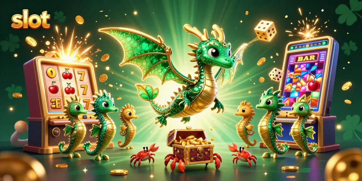 Spin the slot reels with vibrant symbols as the sea dragon and treasures come alive in this captivating scene.