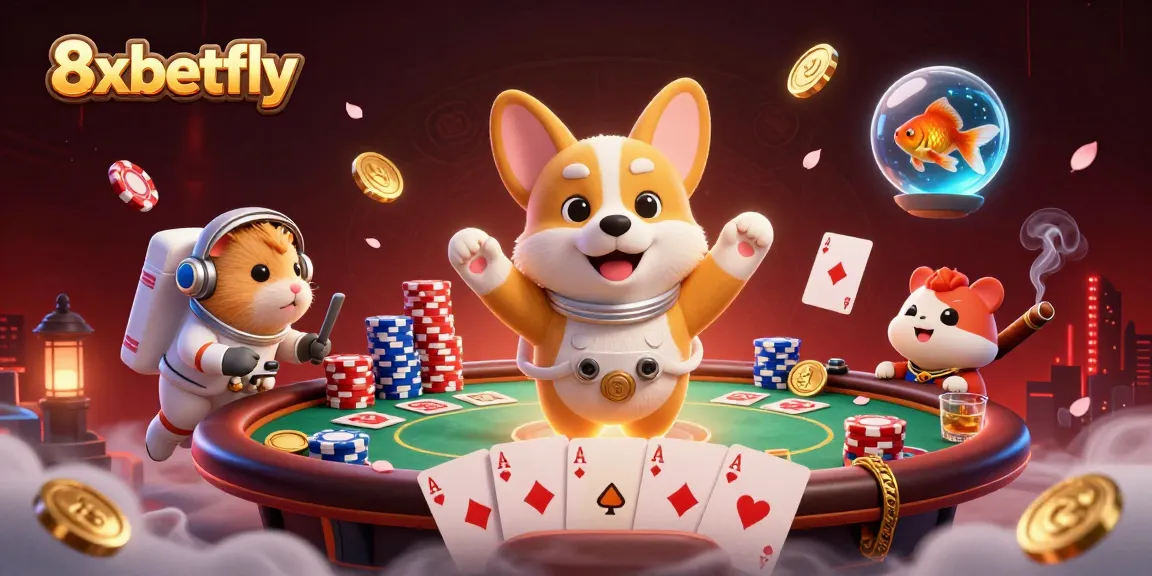 Engage in thrilling gameplay with 8xbetfly as a cartoon astronaut corgi explores a floating casino.