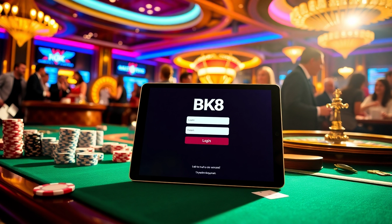 Engage with bk8 login on a vibrant casino-themed tablet, surrounded by poker chips and roulette wheels.