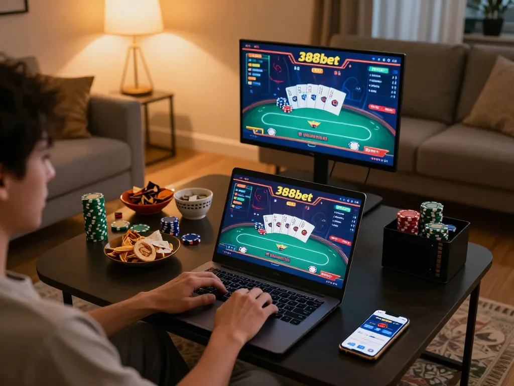Engaging in poker gameplay on 388bet from a comfortable home setting using a laptop and smartphone