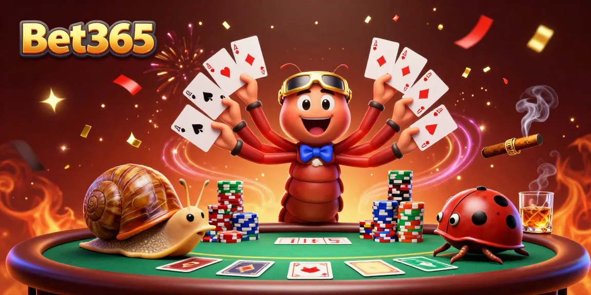 Experience the thrill of Bet365 with a lively casino scene showcasing a millipede dealer, high-roller snail, and vibrant poker elements.