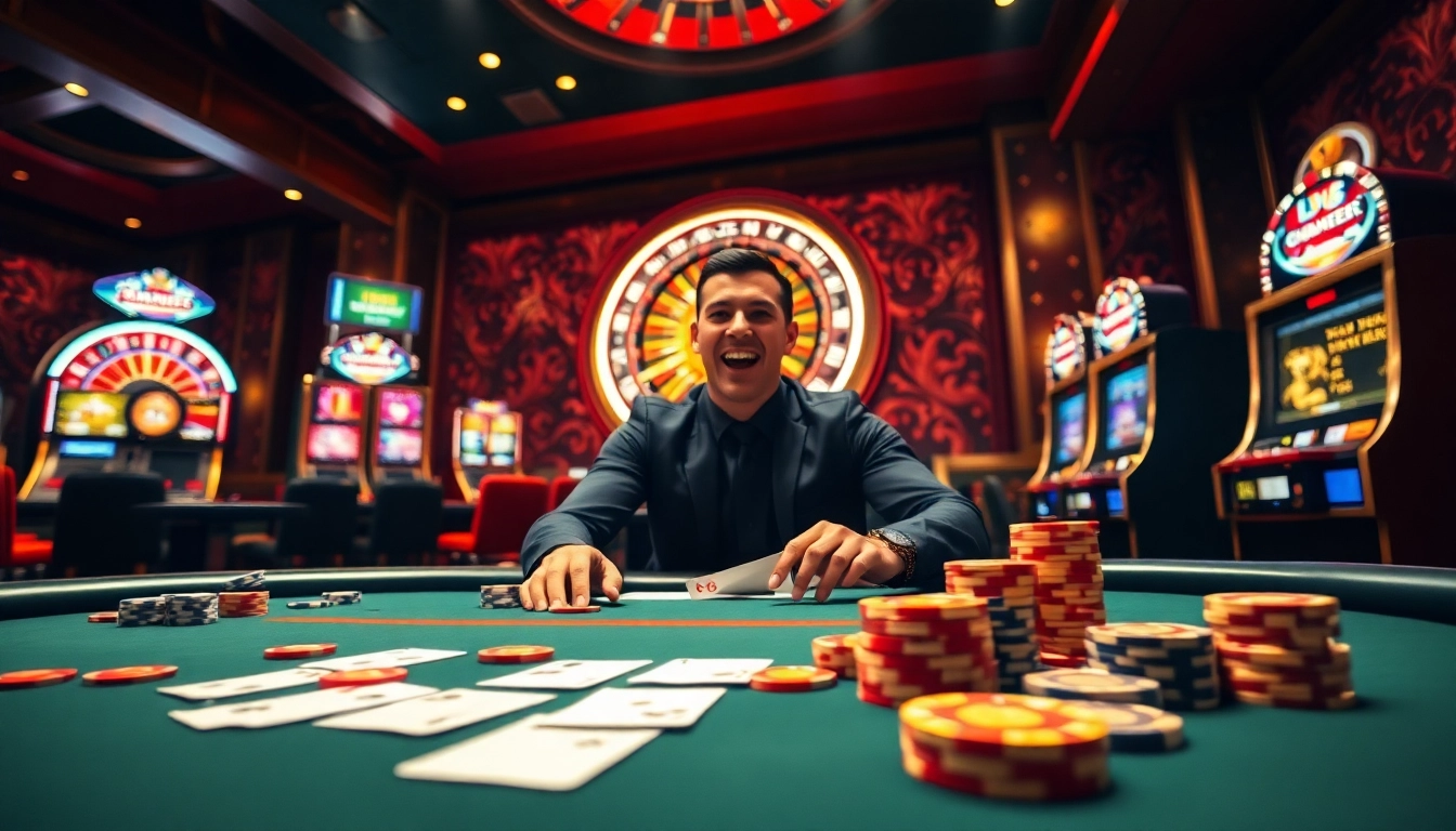 LV88 casino scene with poker table, vibrant chips, and roulette wheel highlighting the excitement of gambling.
