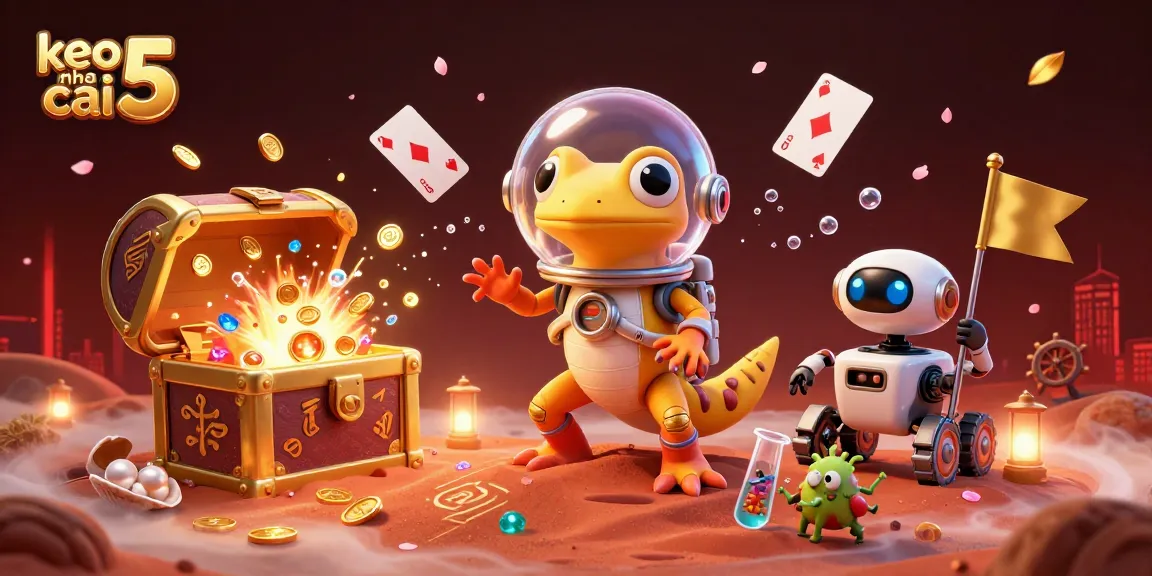 Engage in insights from keo nha cai 5 with a cartoon Martian gecko discovering a golden casino.