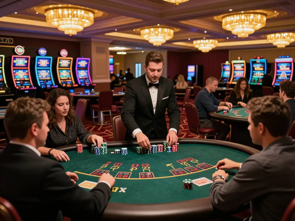 Engaging players in a lively game of blackjack at casinosscope casino floor, showcasing strategic gameplay and vibrant atmosphere.